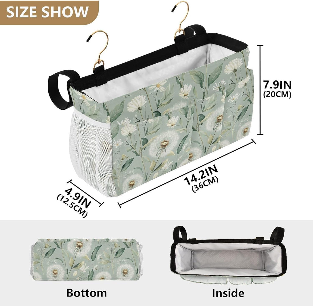 Sage Green Dandelion Bedside Caddy for Dorm Bed Bedside Hanging Caddy Bag Iron Frame Storage Organizer Pocket for Bunk Home College Hospital Beds 2 Hooks