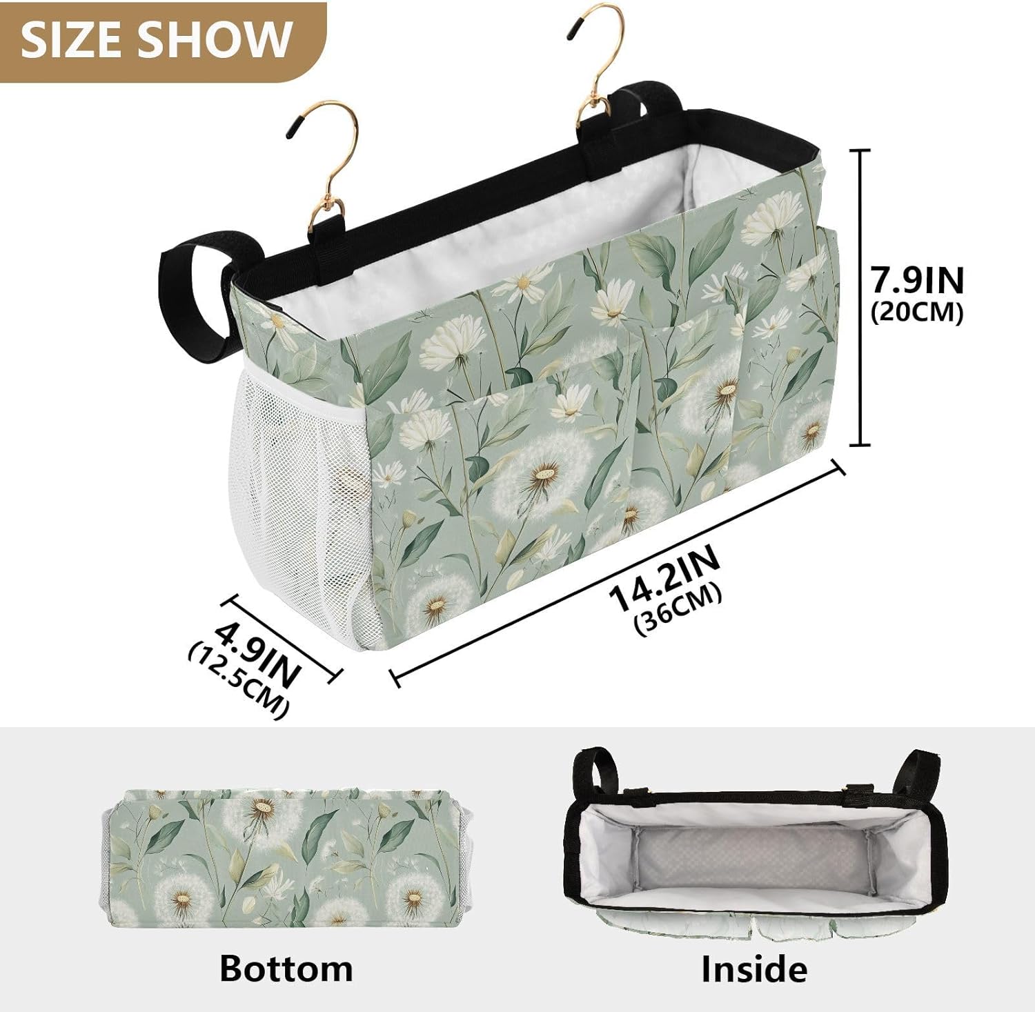 Sage Green Dandelion Bedside Caddy for Dorm Bed Bedside Hanging Caddy Bag Iron Frame Storage Organizer Pocket for Bunk Home College Hospital Beds 2 Hooks