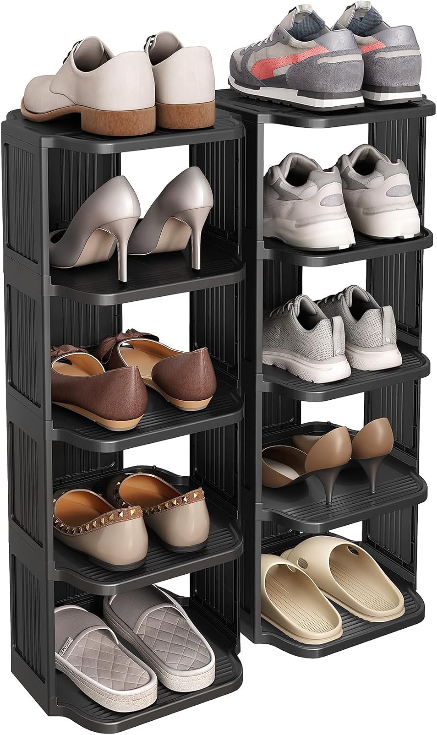 Kitstorack 10 Tiers Stackable Shoe Rack for Closet and Front Door Entrance - Free Standing Plastic Stand, Narrow Tall Vertical Organizer for Small Spaces Storage