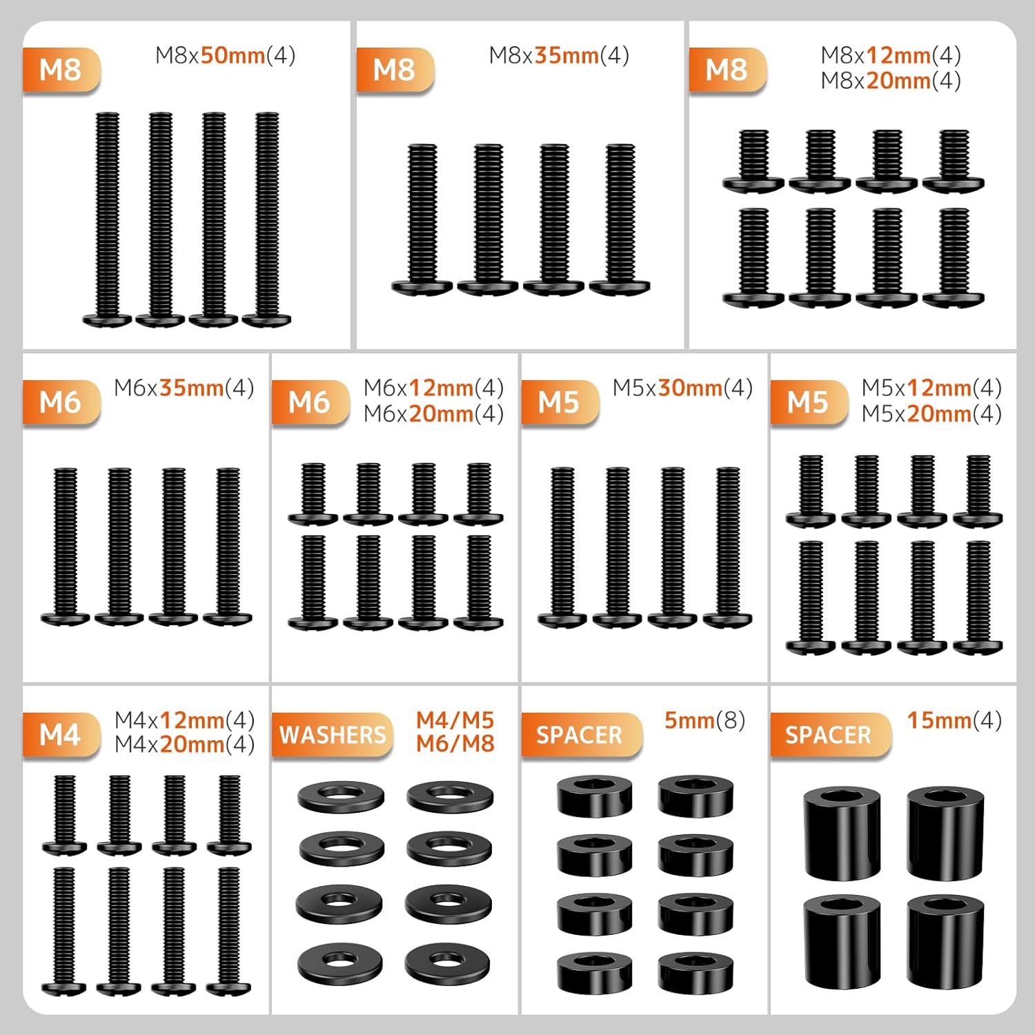 Universal TV Mounting Hardware Screw Kit - Complete Set of M4 M5 M6 M8 Bolts with Washers & Spacers for Most TV Wall Mounts/Display up to 80 inches, Fits VESA Standard (Black)