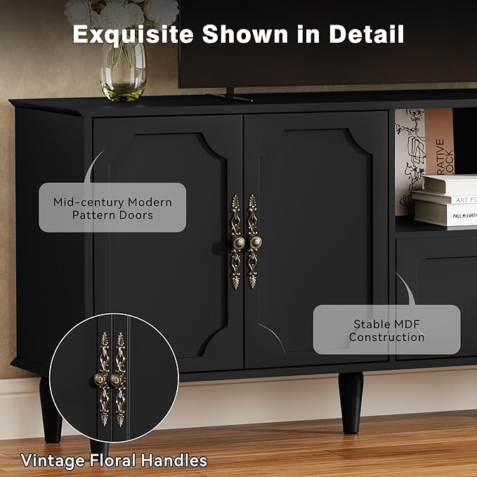 67” Mid-Century Modern TV Stand for 75+ inch TVs, Wood Entertainment Center with Storage Drawer, Long Media Console with Adjustable Shelves, Black TV Cabinet for Living Room, Bedroom