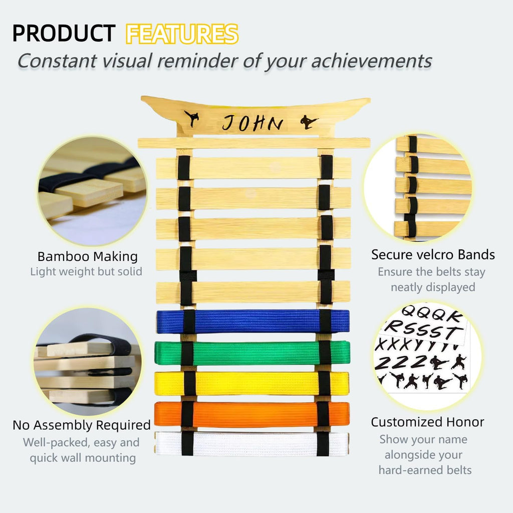 10Belts Taekwondo Belt Display, Rack with Stickers, Martial Arts Belt Display Holder, Karate Belt Jiu Jitsu Belt BJJ Belt Display Hanging Holder for Kids and Adults Gifts