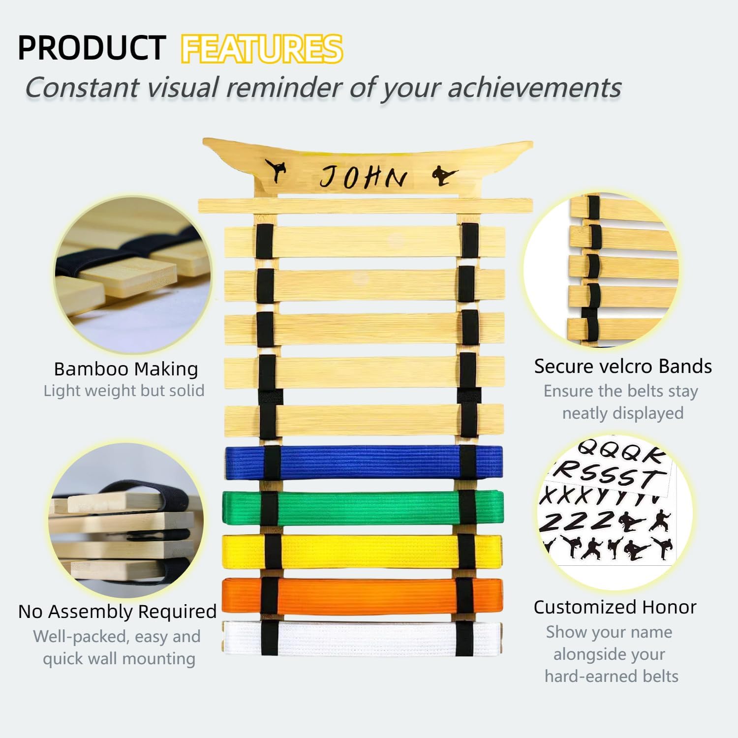 10Belts Taekwondo Belt Display, Rack with Stickers, Martial Arts Belt Display Holder, Karate Belt Jiu Jitsu Belt BJJ Belt Display Hanging Holder for Kids and Adults Gifts