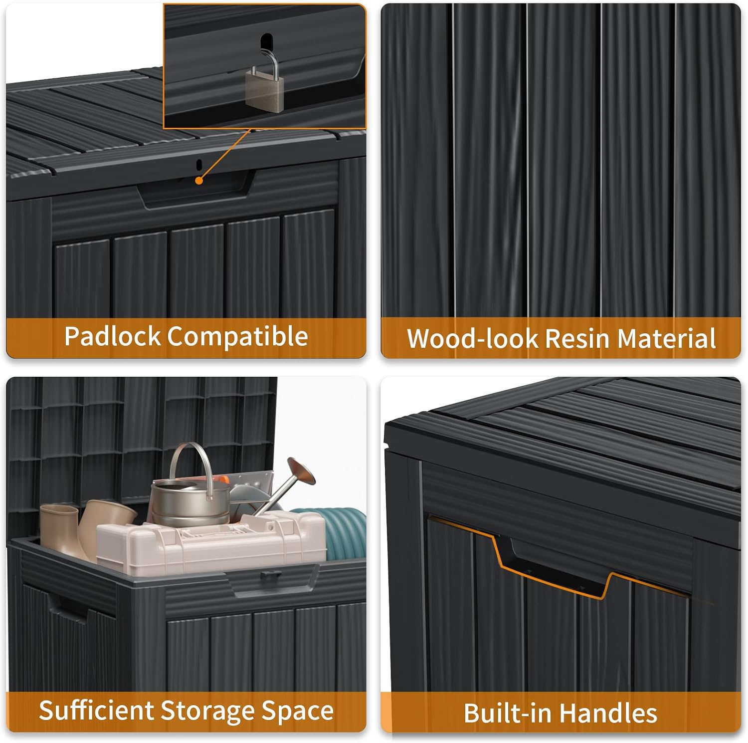 28 Gallon Resin Deck Box, Lockable Patio Outdoor Storage Box for Furniture, Garden Tools and Tools Storage, Waterproof Outside Storage Boxes - Black