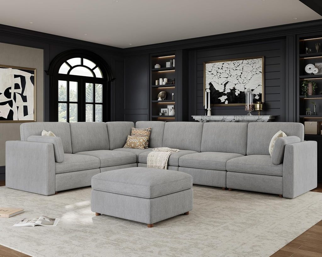 Oversized Modular Sectional Sofa V-Shaped Cloud Couches Gray | 7 Seater Large Deep Seat Couch Luxury Sectional Couches for Living Room, Solid Wood Frame, Removable Washable Cover