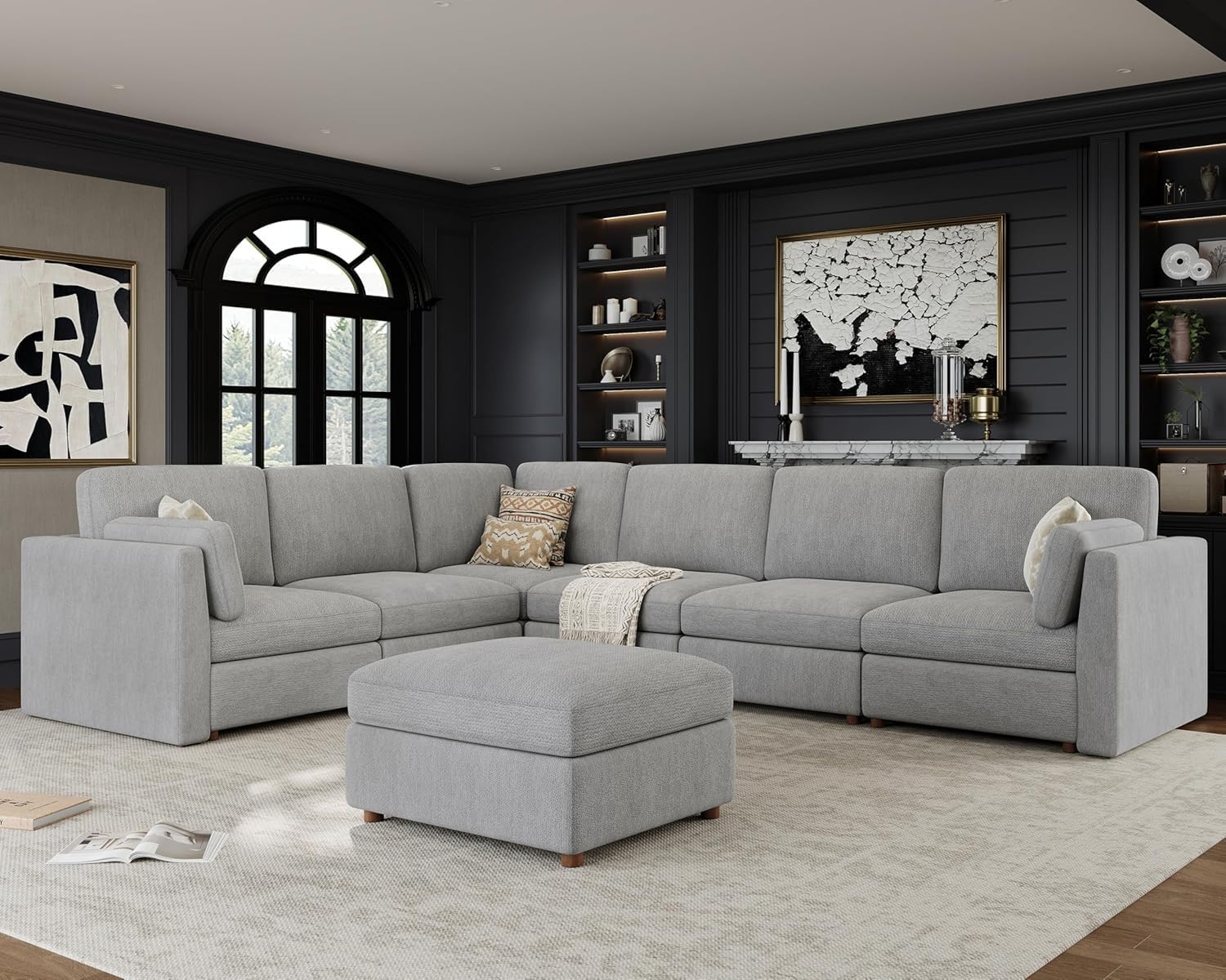 Oversized Modular Sectional Sofa V-Shaped Cloud Couches Gray | 7 Seater Large Deep Seat Couch Luxury Sectional Couches for Living Room, Solid Wood Frame, Removable Washable Cover