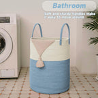 Large Woven Laundry Basket Hamper,60L Cotton Rope Storage Bin for Blankets,Toys and Clothes,Decorative Tall Nursery Hamper for Living Room,Baby Nursery,Bathroom and Bedroom,White and Blue