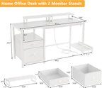 Furologee 47" Computer Desk with File Cabinet and Power Outlets, Home Office Desk with 2 Monitor Stands and Storage Drawer, Writing Gaming Table with Shelves and 2 Hooks for Bedroom, White
