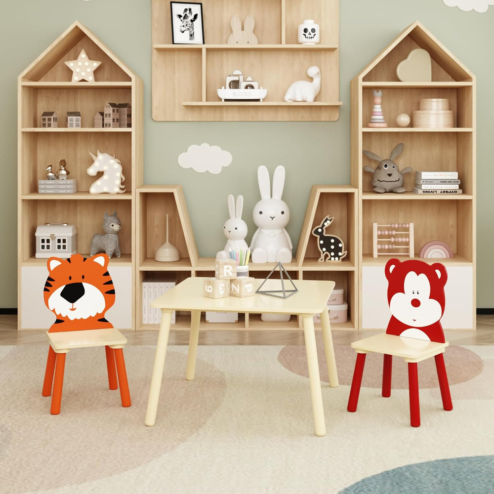 3 Pieces Table and Chair Set, Tiger & Bear Pattern Activity Play Set with...