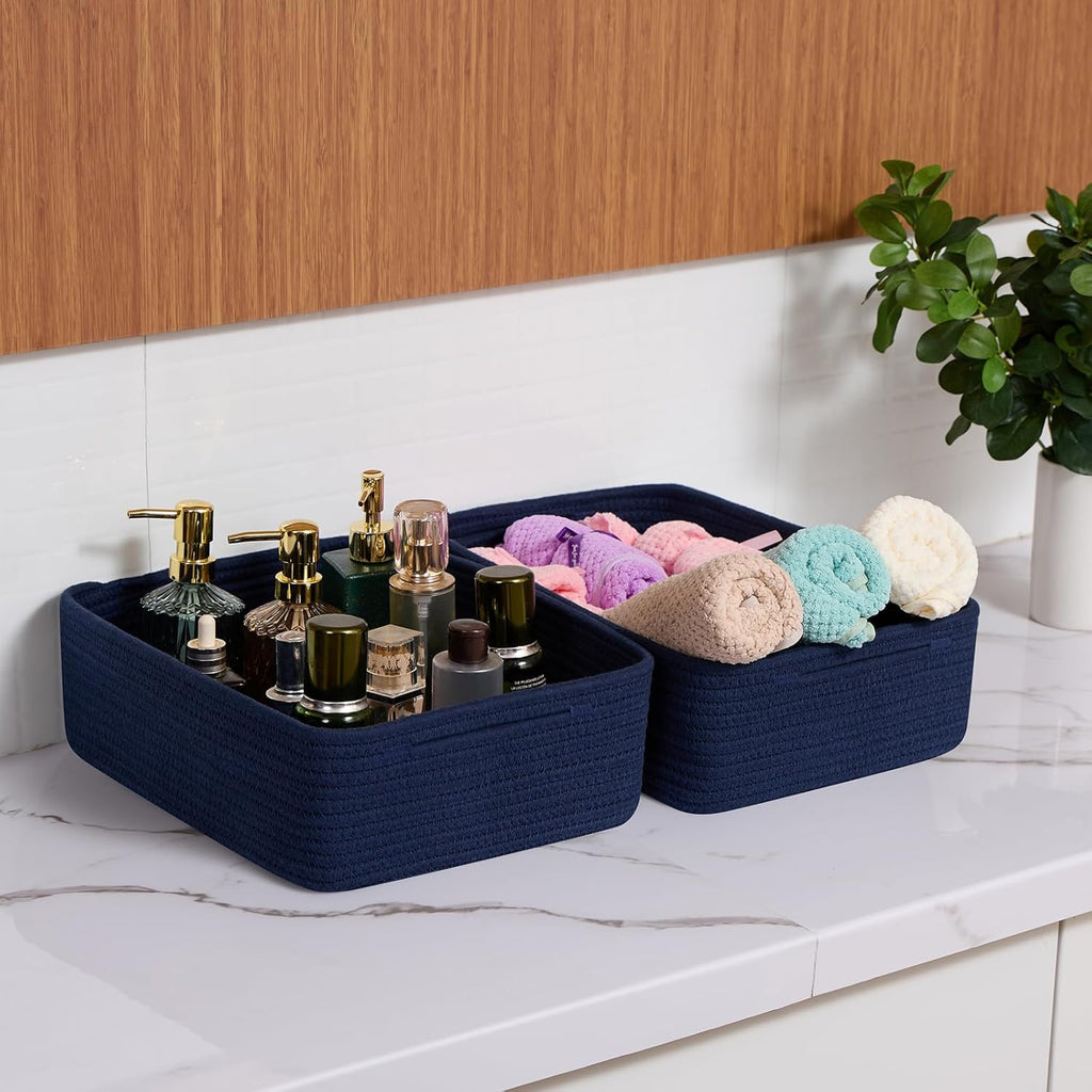 Large Shallow Organizing Baskets 15x11x5.1 Inches - Rope Woven Storage Bins for Bathroom, Shelves, Cube Closet, Navy Blue 3 Packs