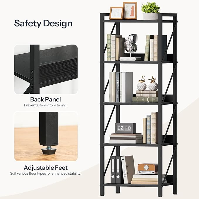 HOOBRO Bookshelf, 5-Tier Industrial Bookcase, Book Shelf Storage Organizer, T...