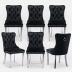 Velvet Upholstered Dining Chairs Set of 6, Modern Style Kitchen Side Chairs with Nailhead Trim and Silver Plated Leg, Metal Pulling Ring for Dining Room Living Room(Black, Set of 6)