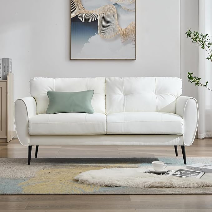 TYBOATLE 61" Loveseat Couches for Living Room, White Faux Leather Couch Mid Century Modern Tufted Mini Sofa Comfy Office 2 Seat Settee Love Seat Small Couches for Small Spaces Bedroom, White