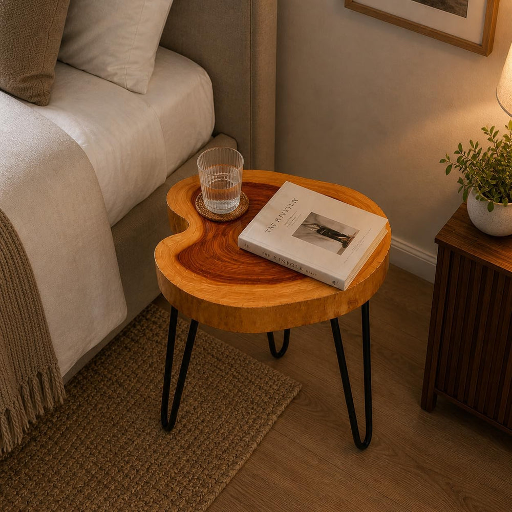 Live Edge Round Wood End Table – Solid Wood Side Table with Mid-Century Hairp...