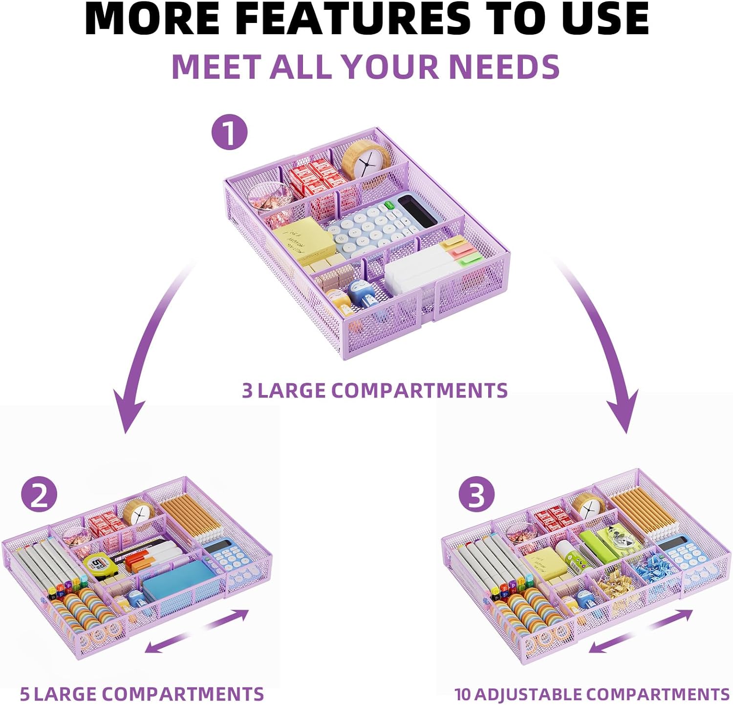 Marbrasse Expandable Desk Drawer Organizer, Mesh Drawer Organizer Tray with 10 Adjustable Compartments, Desk Organizers and Accessories for Office Supplies, Makeup & Vanity (Expandable-Purple)
