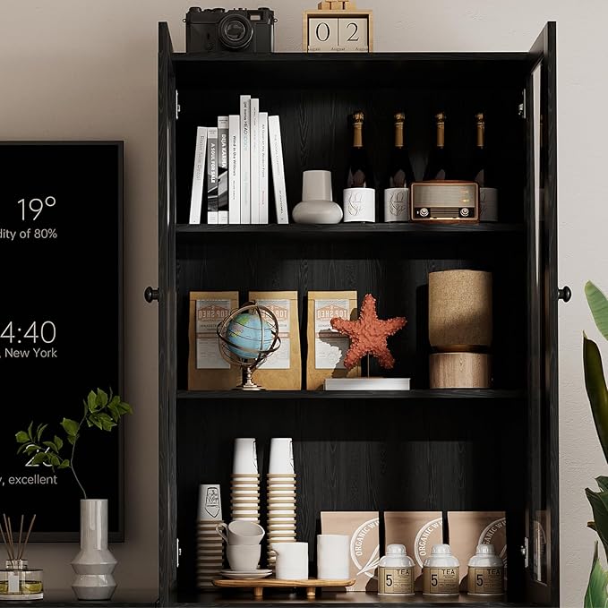 TUSY 71" TV Stand Storage Set - 2 Tall Bookcases & 2 Side Cabinets, Media Console with Glass & Wood Doors, Entertainment Center with Drawers, Tall Media Console for Living Room (Black, ACCA)