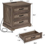HOMMPA 24'' Farmhouse Nightstand with Charging Station, Bedside Tables with Storage, Side Table with AC Outlets & USB Port, 3 Drawers End Table Dresser, Wood Night Stand for Bedroom, Greige