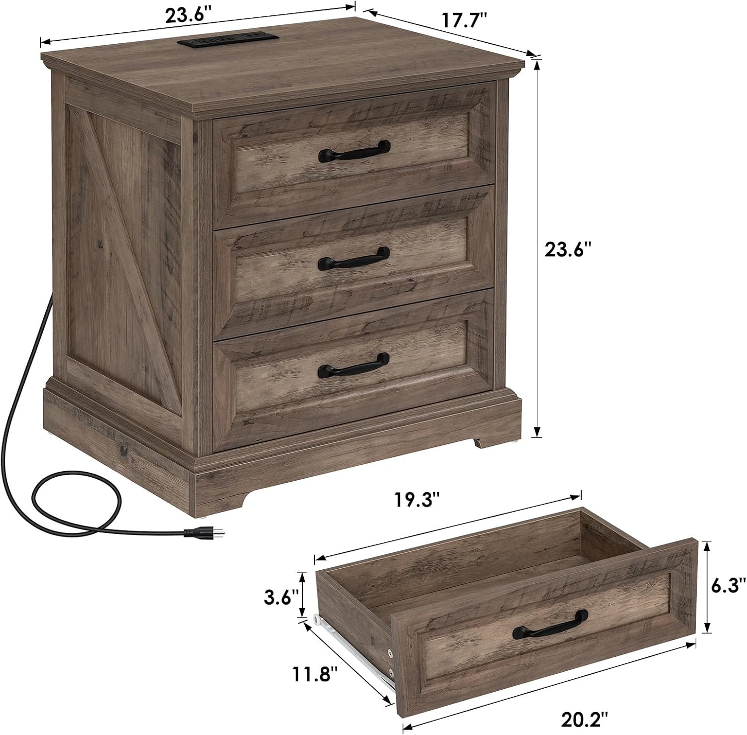 HOMMPA 24'' Farmhouse Nightstand with Charging Station, Bedside Tables with Storage, Side Table with AC Outlets & USB Port, 3 Drawers End Table Dresser, Wood Night Stand for Bedroom, Greige