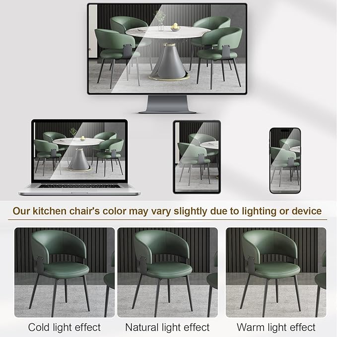 Modern Dining Chairs Set of 2, Faux Leather Upholstered Kitchen Chairs with Curved Back and Metal Legs, Mid Century Chairs for Dining Room, Kitchen, or Café (Green)