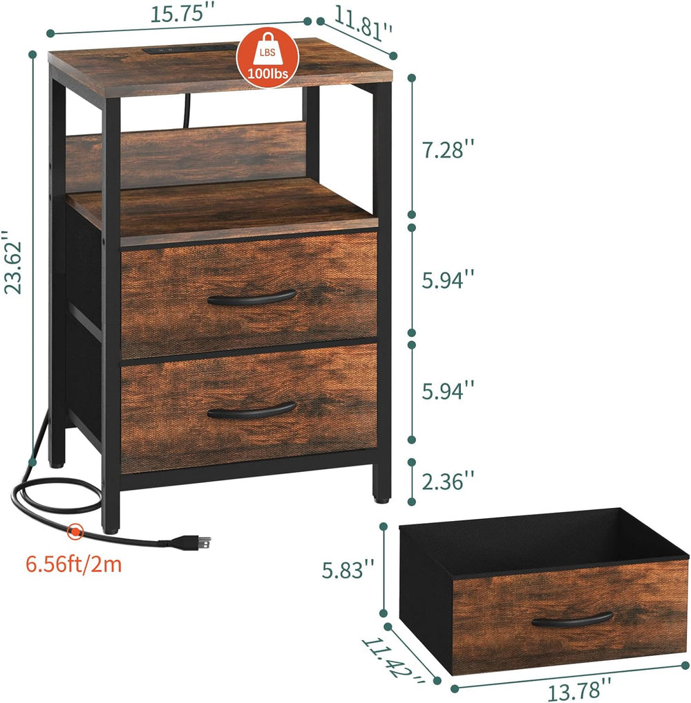 Yoobure Nightstand with Charging Station, Small Night Stand with Fabric Drawe...