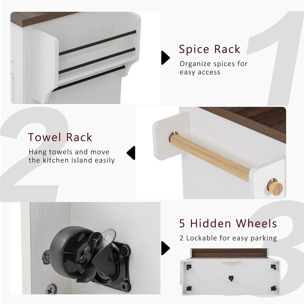 53.2" Two-Tier Kitchen Island with Power Outlet, Rustic White | Rolling Bar Cabinet with Storage, 4 Door Shelves, Adjustable Shelves, 3 Drawers for Kitchen