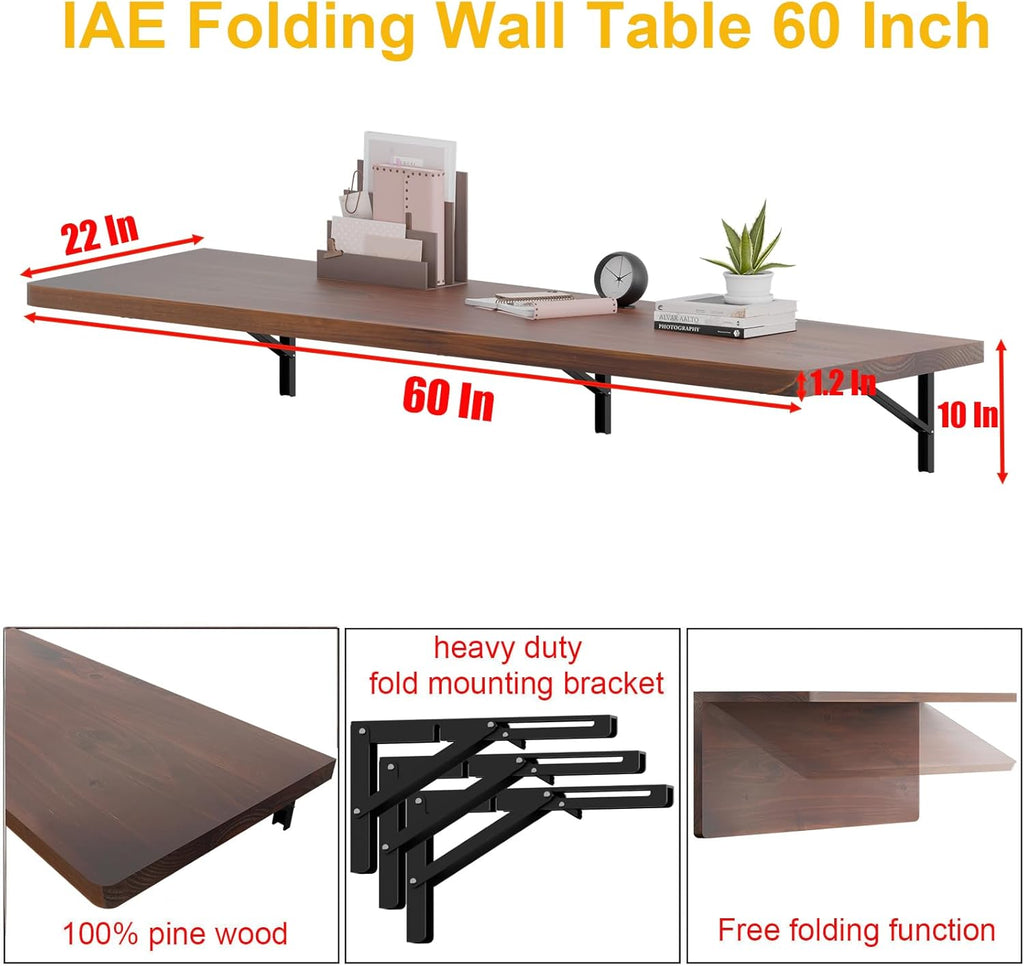 IAE Floating Wall Mounted Folding Table Desk with Pine Wood,60" x 22" Foldable Workbench,Fold Down Wall Mounted Foldable Desk with Shelf Brackets,Laundry Folding Table for Home,Dining,Kitchen,Brown