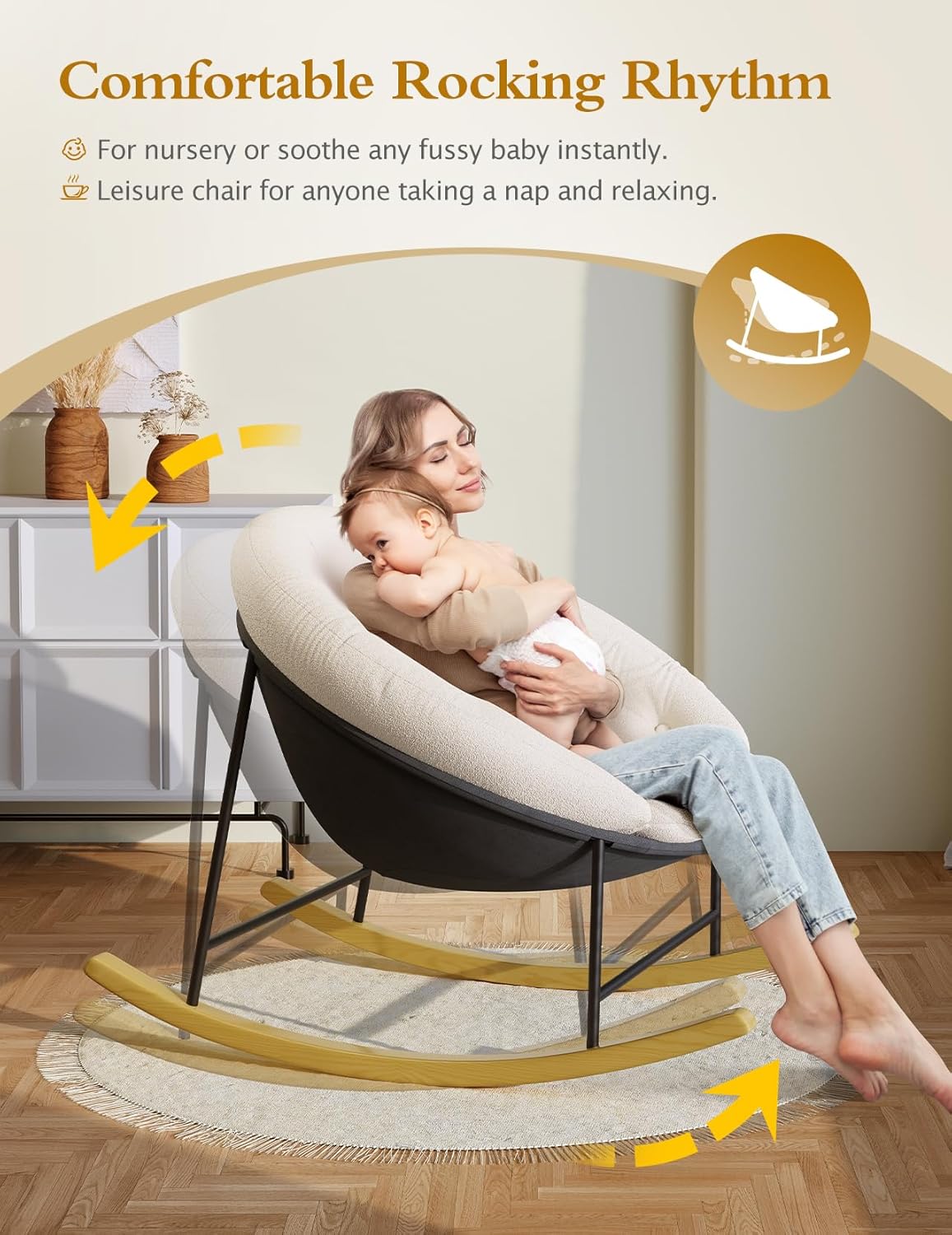 Kidirect Wide Rocking Chair Nursery, Comfy Saucer Nursery Rocking Chairs with Removable Cushion, Indoor Papasan Nursing Chair for Breastfeeding, Mecedora Para Adultos for Living Room & Bedroom (Cream) | Comfy Saucer, Removable Cushion, Indoor Papasan
