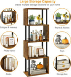 IBUYKE 5-Tier Tall Bookshelf,S-Shaped Geometric Bookcase, Wood Display Shelves with Storage,Industrial Bookshelf for Living Room Bedroom, Home Office, Rustic Brown WBC015H