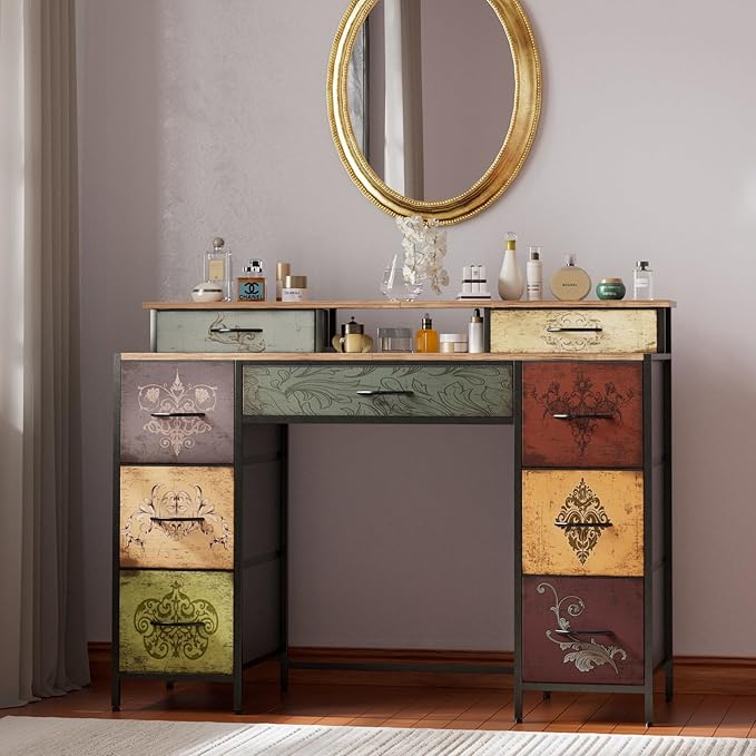 Dresser for Bedroom with 9 Drawers & 2 Open Shelves, Fabric Storage Cabin...