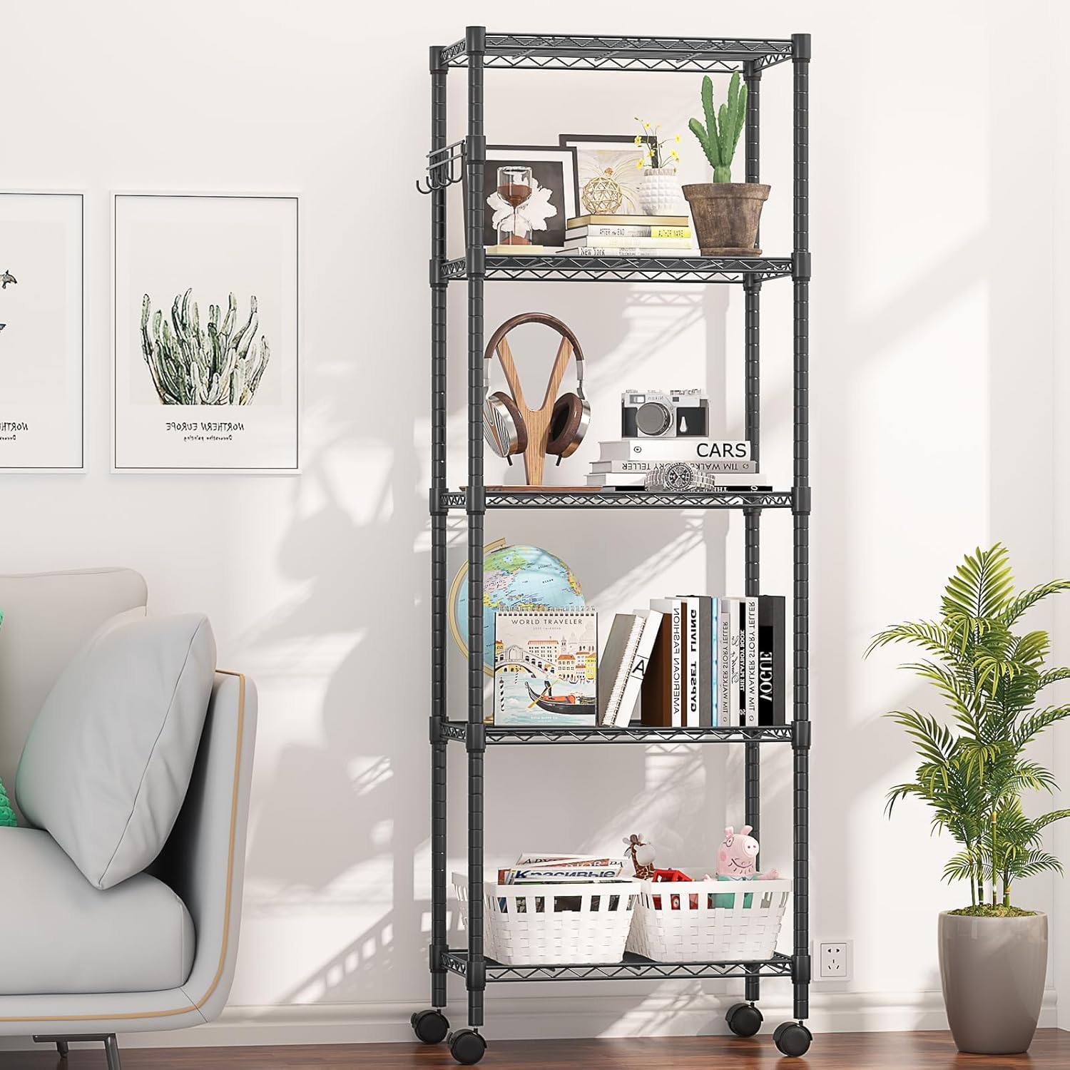 Himimi 5-Tier Wire Shelving Unit on Wheels, Adjustable Heavy Duty Metal Shelves with Side Hooks, Metal Organization Wire Rack for Kitchen Garage Basement, 13" L x 23" W x 72" H, Black