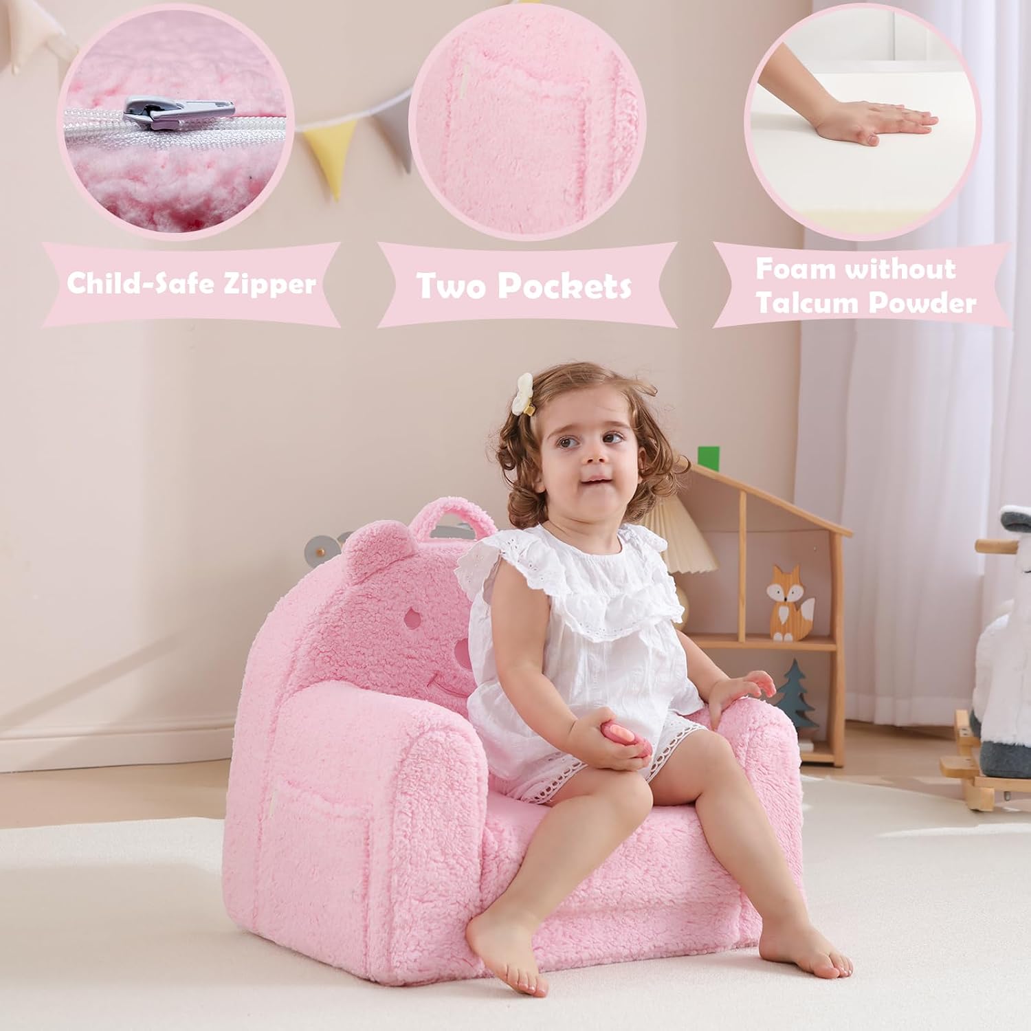 Kids Chair, Sherpa Bear Fold-Out Convertible Kids Couch, Pink | Kids couch flip out lounger, children reading chair, kids sofa with plush foam, removable cover, gift for boys girls