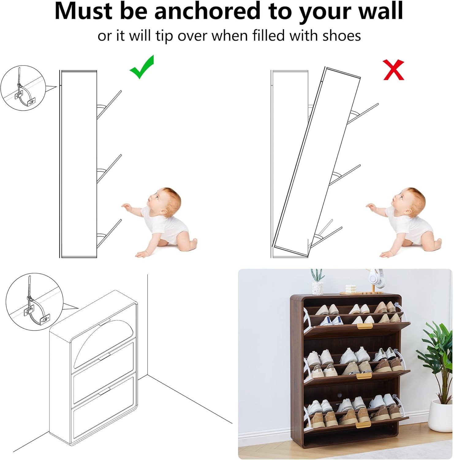 Hidden Shoe Cabinet with Drawer, Free Standing Narrow Shoe Rack Cabinet for Entryway Slim, 3 Flip Drawer Shoe Storage Organizer Cabinet for Entry,Hallway,Door,Dorm,Small Spaces - Walnut