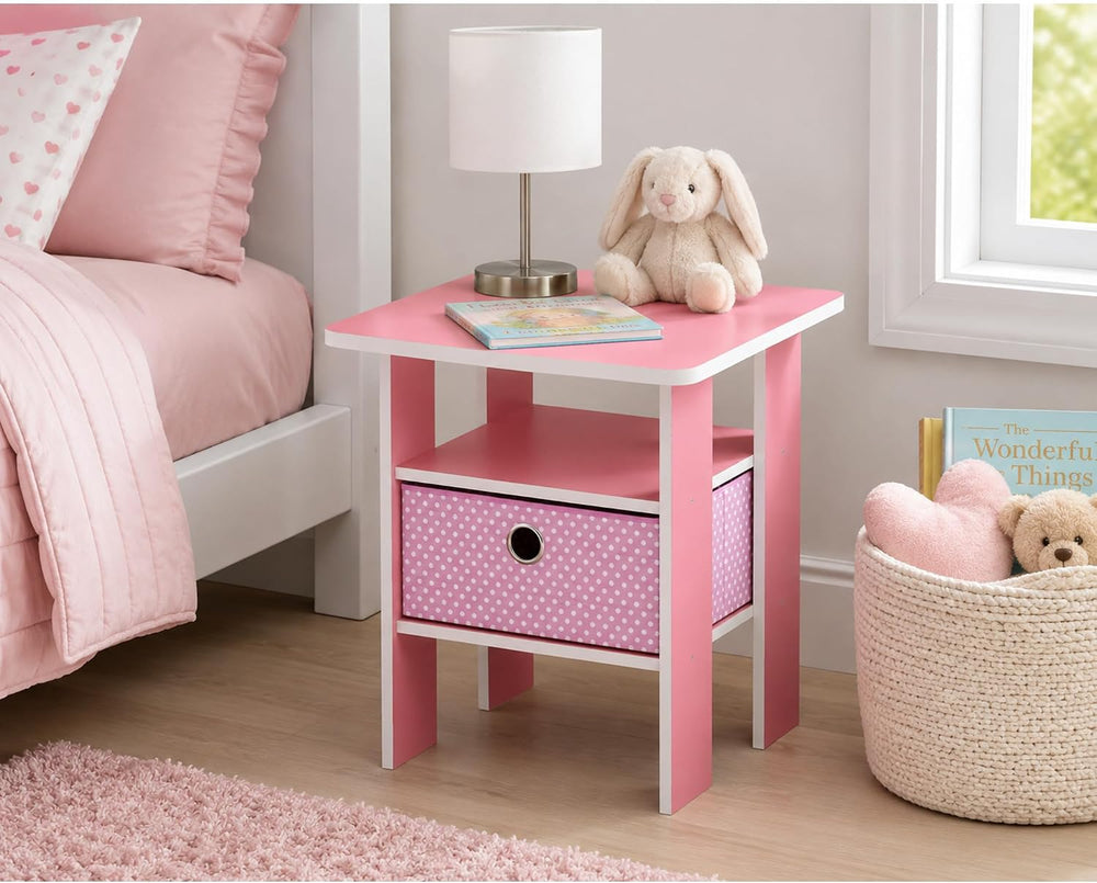 Furinno Andrey Side Table with Bin Drawer, Pink End Table with Open Shelves, ...