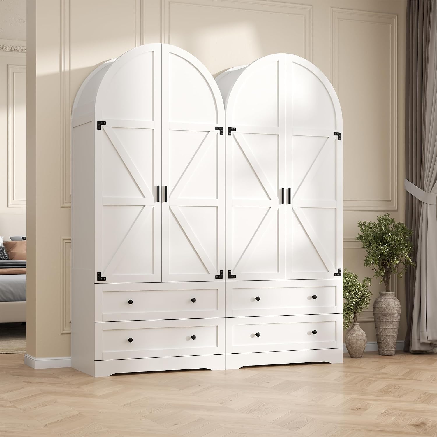 Gyfimoie White Armoire Wardrobe Closet with 2 Drawers, 74.8" Wooden Wardrobe with 2 Doors, Freestanding Closet Armoire Cabinet with Hanging Rack, Clothing Storage Cabinet for Bedroom (White)