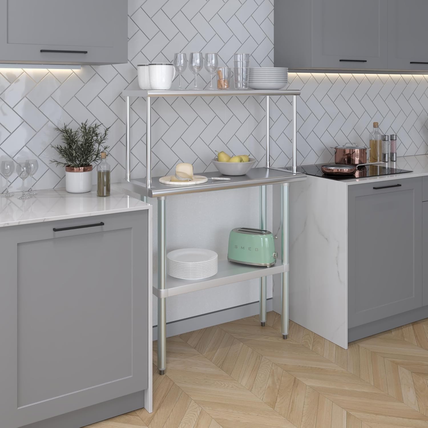 Stainless Steel Work Table with Wide Single Tier Overshelf | Metal Kitchen Prep Table & Shelving Combo (14" x 36" Work Table + 12" Overshelf)
