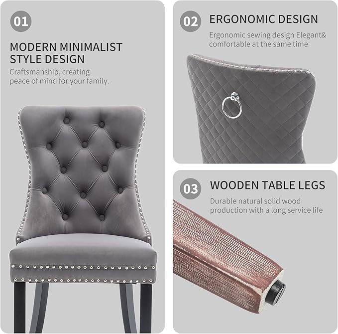 Velvet Dining Chairs Set of 2, Upholstered Dining Room Chairs with Nailhead Trim, Sillas de Comedor Modernas 2, Wooden Kitchen Chairs for Dining Room, Living Room, Kitchen, Bedroom, Grey