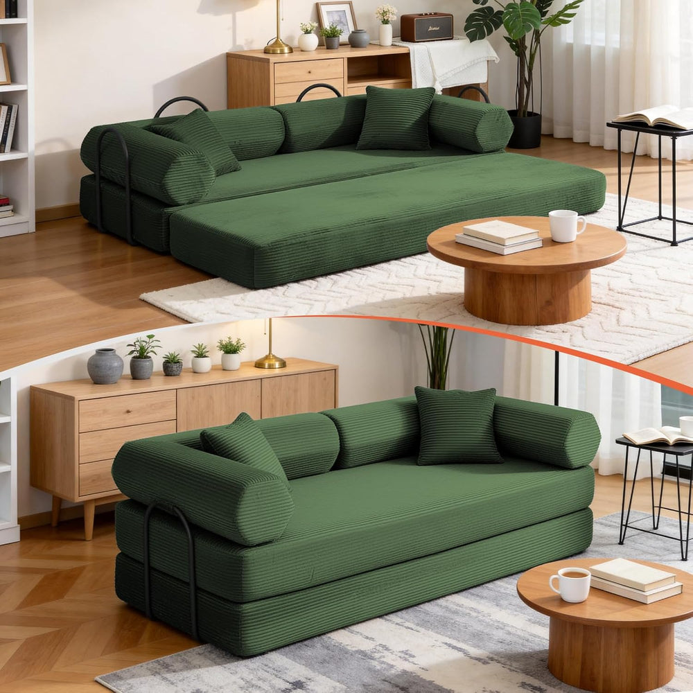 79" Corduroy Sofa Bed, Couch in a Box with 2 Pillows, High-Density Foam ...