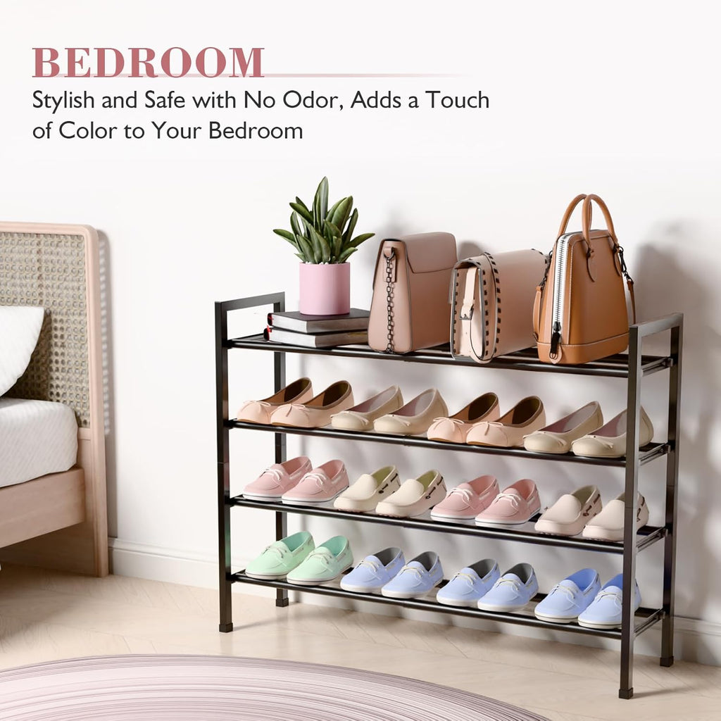 Bumusty 4 Tier Expandable Shoe Rack for Closet, Black | 18"-33" Adjustable Shoe Rack for Entryway, Small Shoe Organizer for Dorm, Front Door, Sturdy Metal