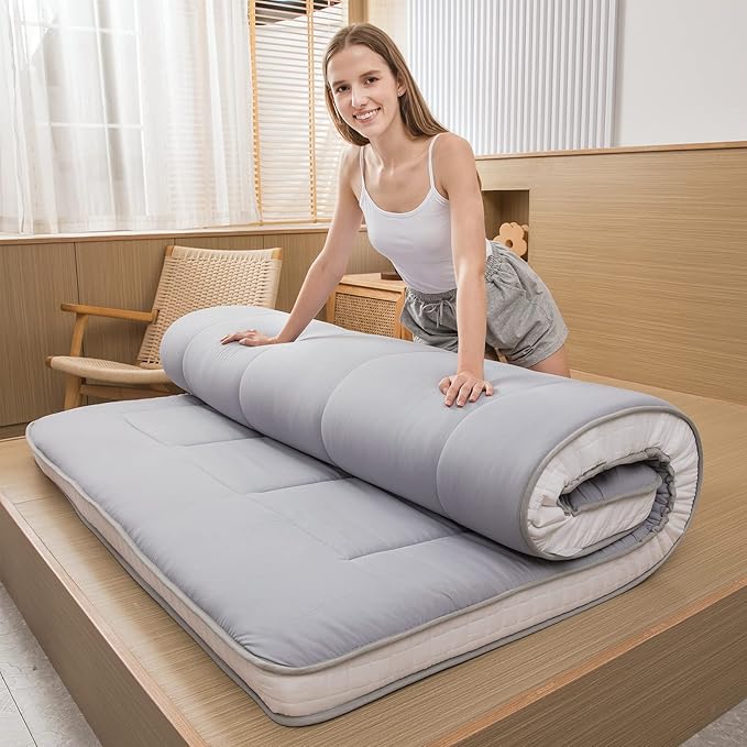 MAXYOYO Futon Mattress, Padded Japanese Floor Mattress Quilted Bed Mattress Topper, Extra Thick Folding Sleeping Pad Breathable Floor Lounger Guest Bed for Camping Couch, Grey, Full