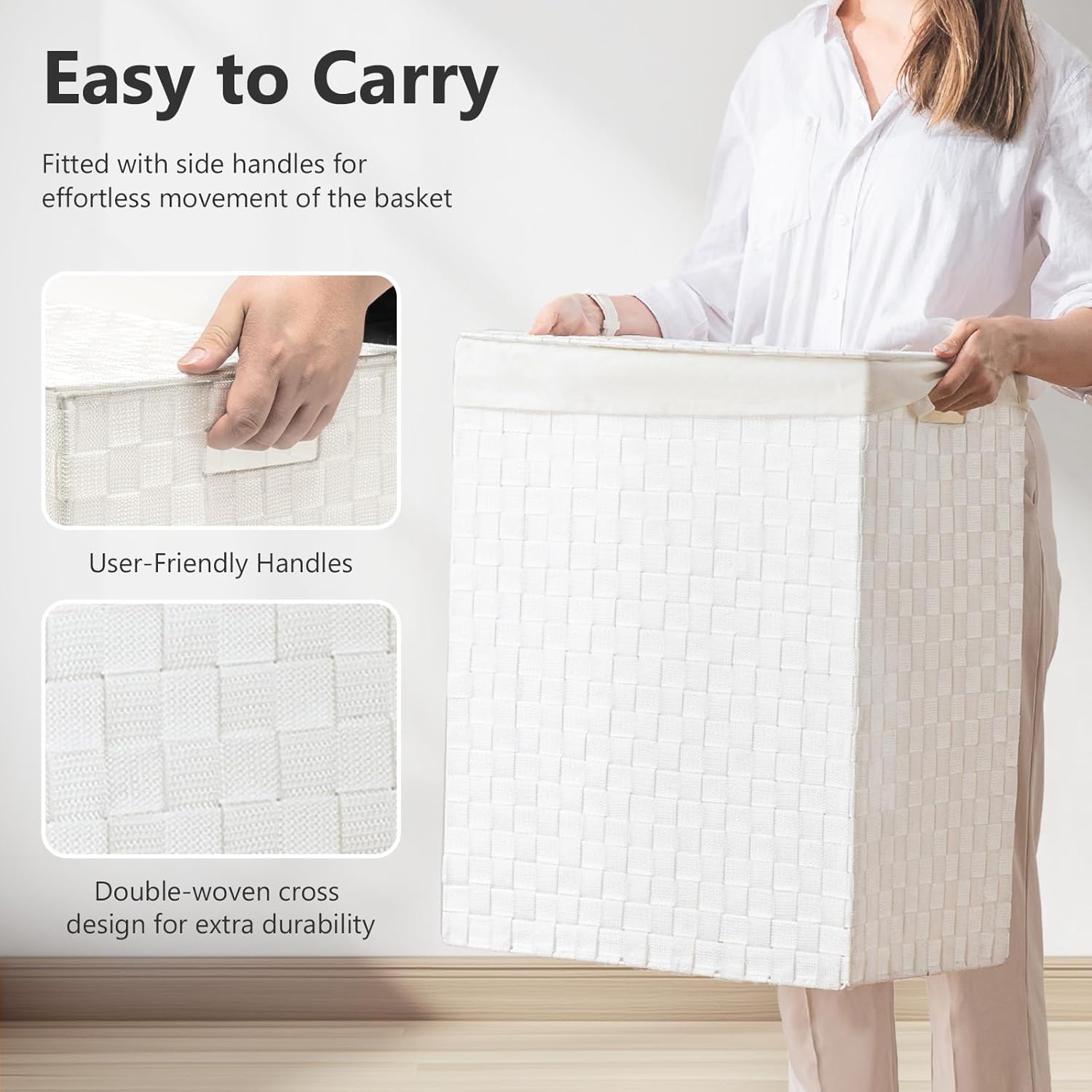 Foldable Laundry Hamper Basket with Lid by Fiona's magic, Handwoven 96L Large Clothes Hamper with Removable Liner Bags, Collapsible Tall Hamper for Bedroom, Bathroom and Dorm Organizer, 2Pack, White