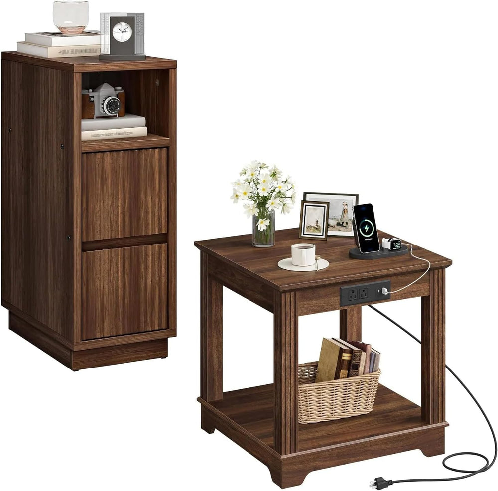 CHOEZON Narrow Nightstand and Farmhouse End Table with Charging Station Bundl...