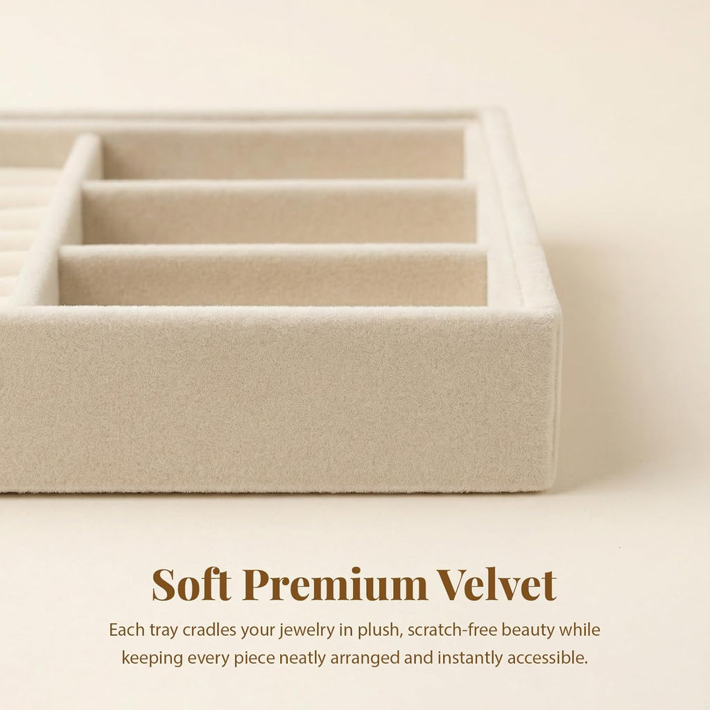 Elsjoy 8 Pack Velvet Jewelry Trays, Stackable Jewelry Organizer Trays for Drawers, Beige Jewelry Storage and Display Tray Inserts for Necklaces, Rings, Earrings