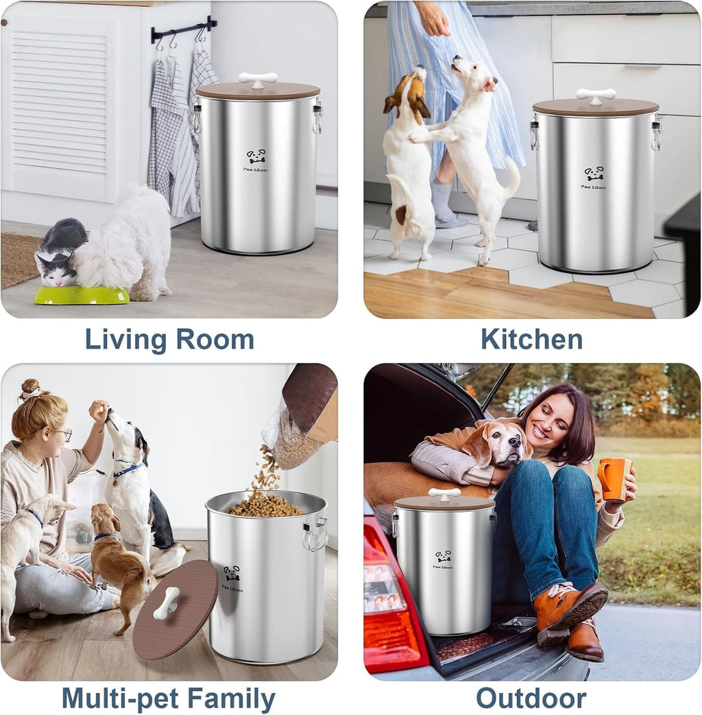2PK 25 Lbs total 50 Lbs Stainless Steel Dog Food Storage Container with Airtight Wooden Lid & Ceramic Bone Handle, Large Metal Dog Food Bin for Dogs & Cats