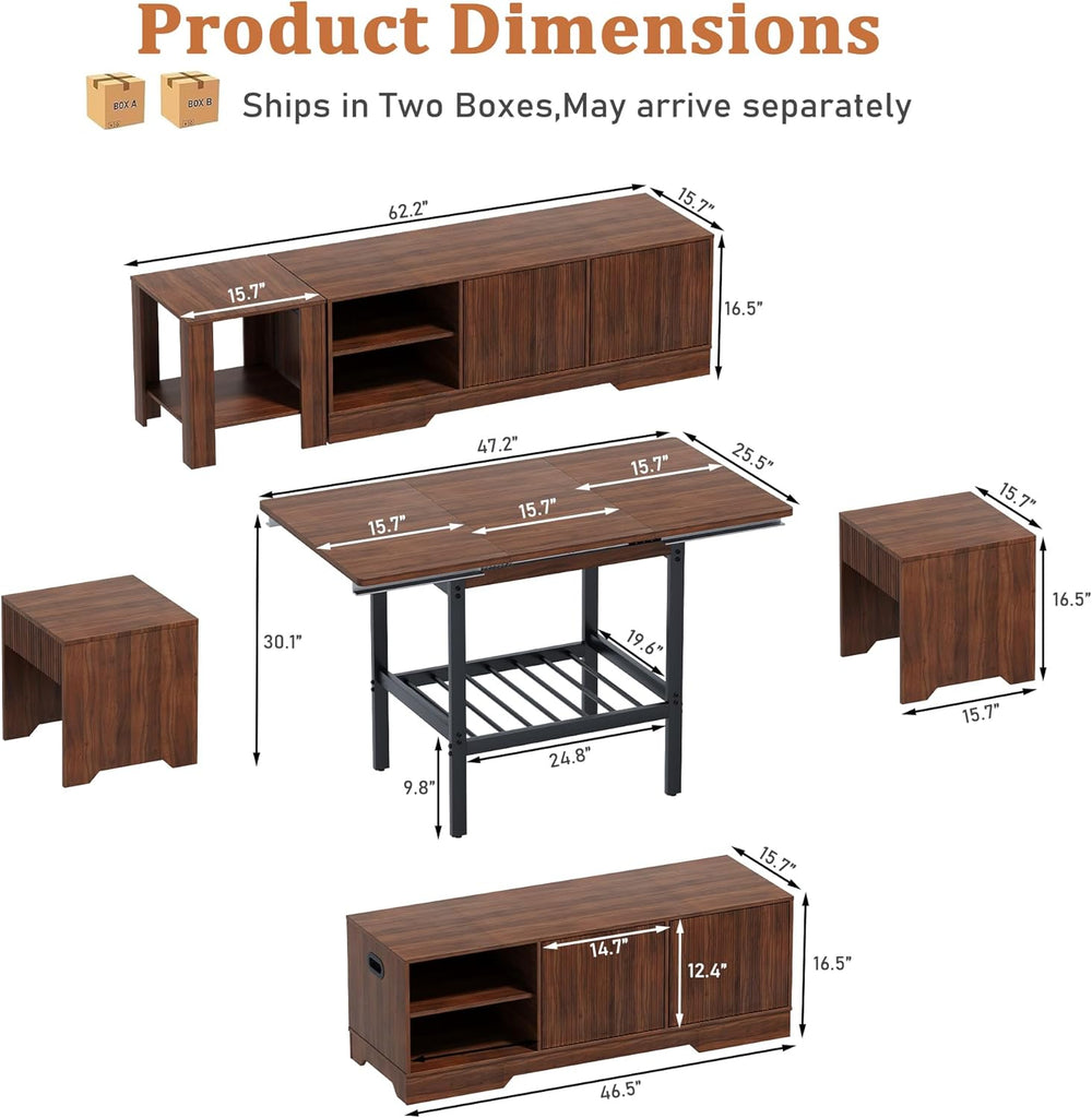 Extendable Breakfast Nook Table Set with Storage Benches & Stools, 6-Piec...