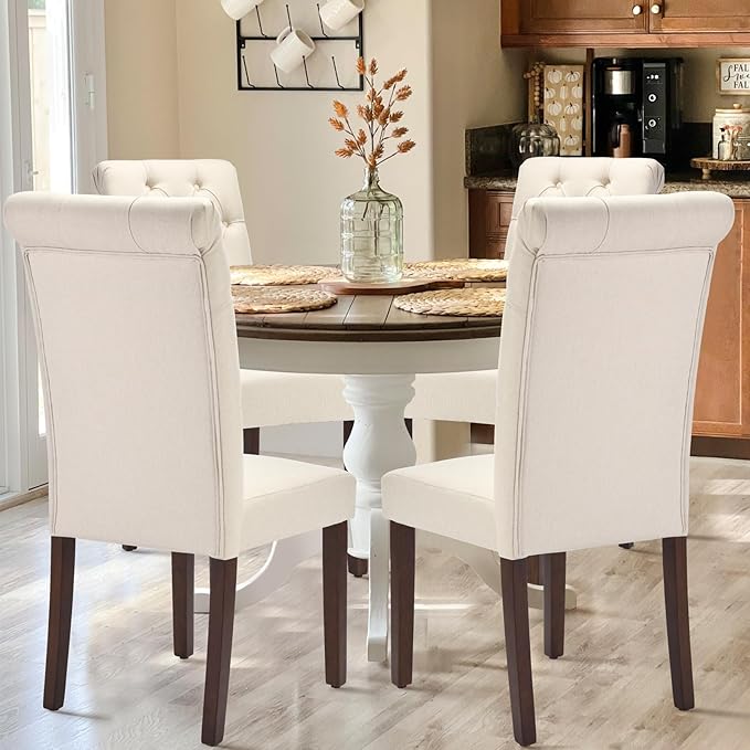 Tufted Dining Chairs Set of 2, Upholstered Parsons Dining Room Chairs, Fabric Kitchen Side Chair with Wood Legs, Beige