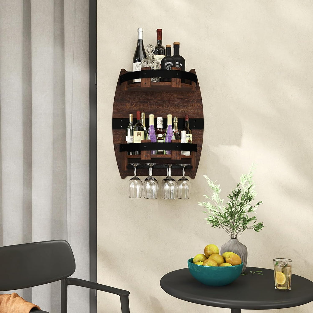 Whiskey Barrel Rack,Vintage Wall Mounted Wine Rack | for Kitchen Storage Hand Crafted Liquor Bar Shelves Wine Shelf Bourbon Whiskey Barrel Shelf Home Decor