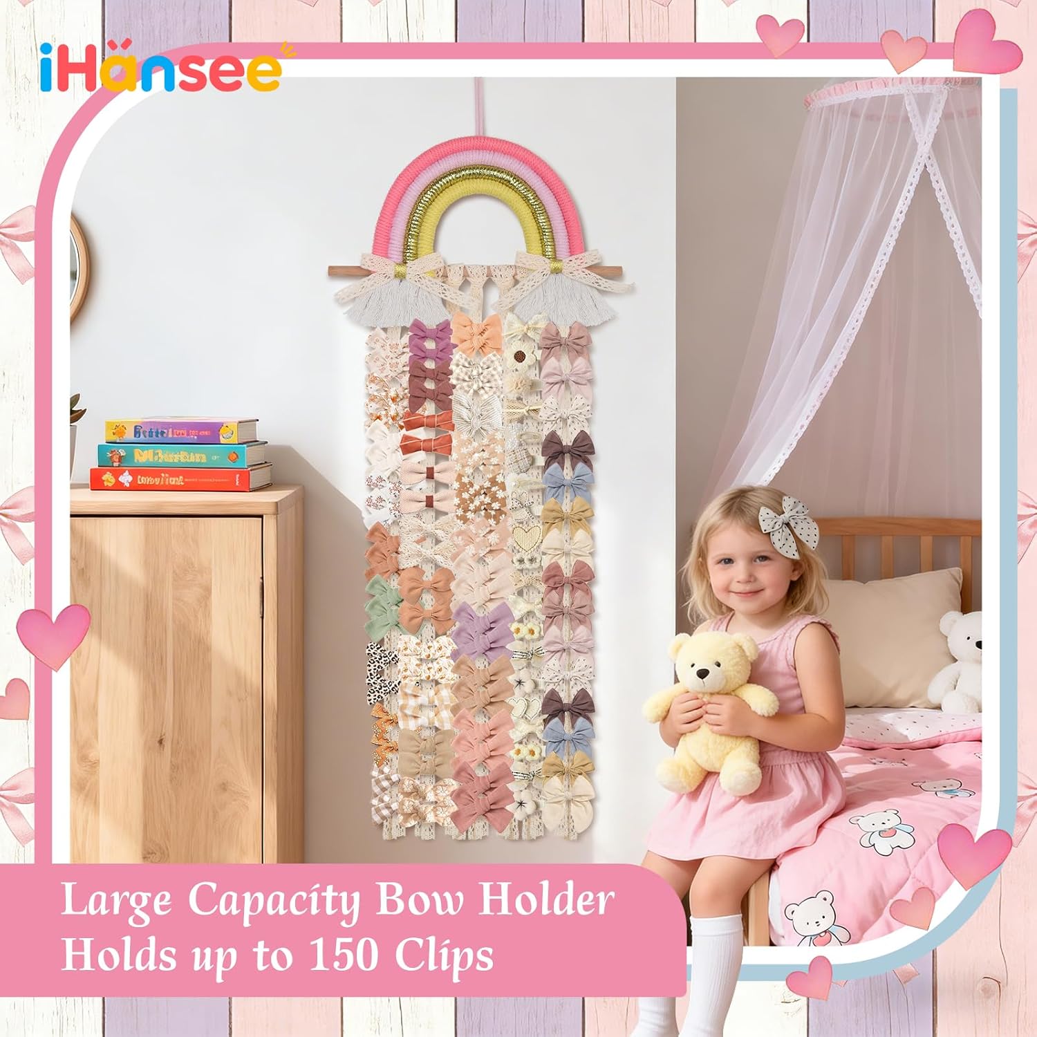 Rainbow Hair Bow Organizer for Girls Baby Hair Clips Holder Ribbons | Tassels Baby Bow Holder Hairpin Display Storage, Hanging Hair Accessories Storage,Nursery Girls Room Decor(26x11 Inch)