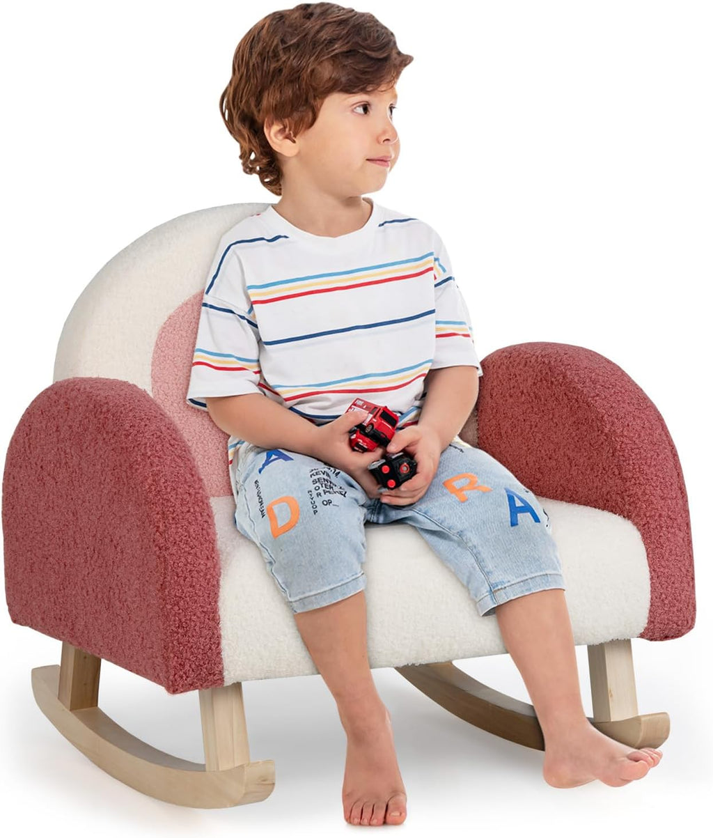 Honey Joy Toddler Rocking Chair, Kids Rocker with Solid Wood Frame & Plush Fabric, Anti-Tipping Design, Toddler Couch for Kids Room, Playroom, Nursery, Bedroom (Red)