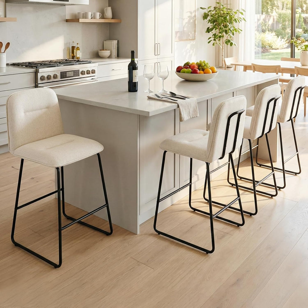 Bar Stools Set of 3, 26" Counter Height Bar Stools with Back, Modern Linen Fabric Upholstered Barstools with Metal Frame & Footrest for Kitchen Island, Home Bar,Beige