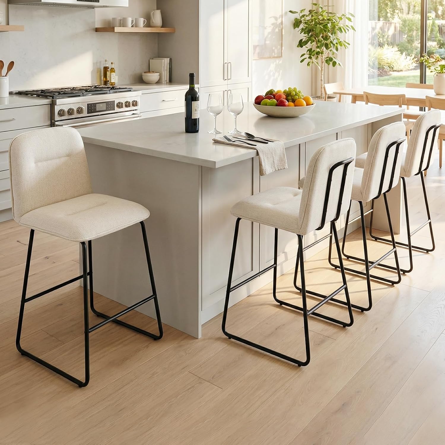 Bar Stools Set of 3, 26" Counter Height Bar Stools with Back, Modern Linen Fabric Upholstered Barstools with Metal Frame & Footrest for Kitchen Island, Home Bar,Beige